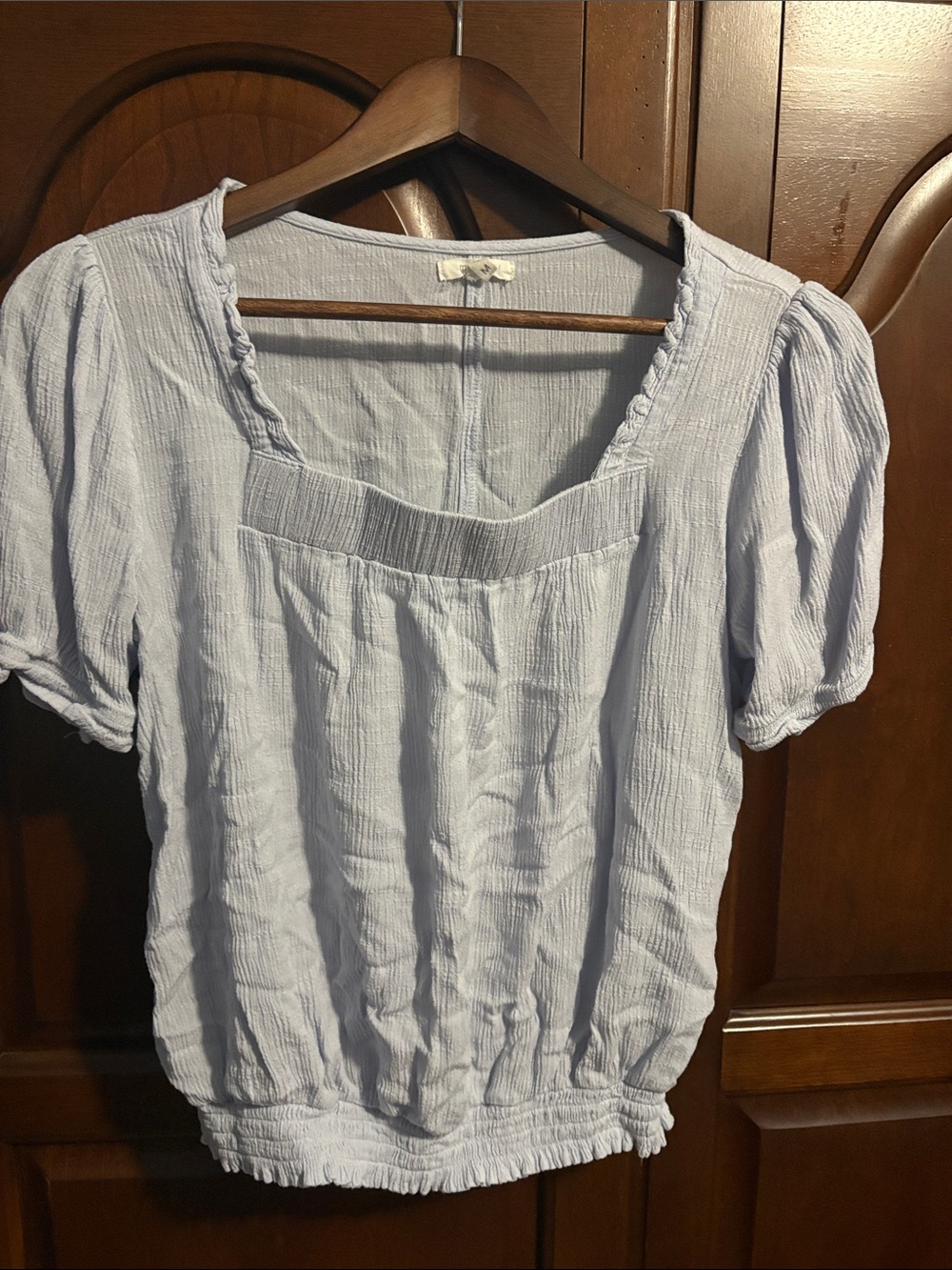 Cottagecore gauze peasant top| light blue square neck
